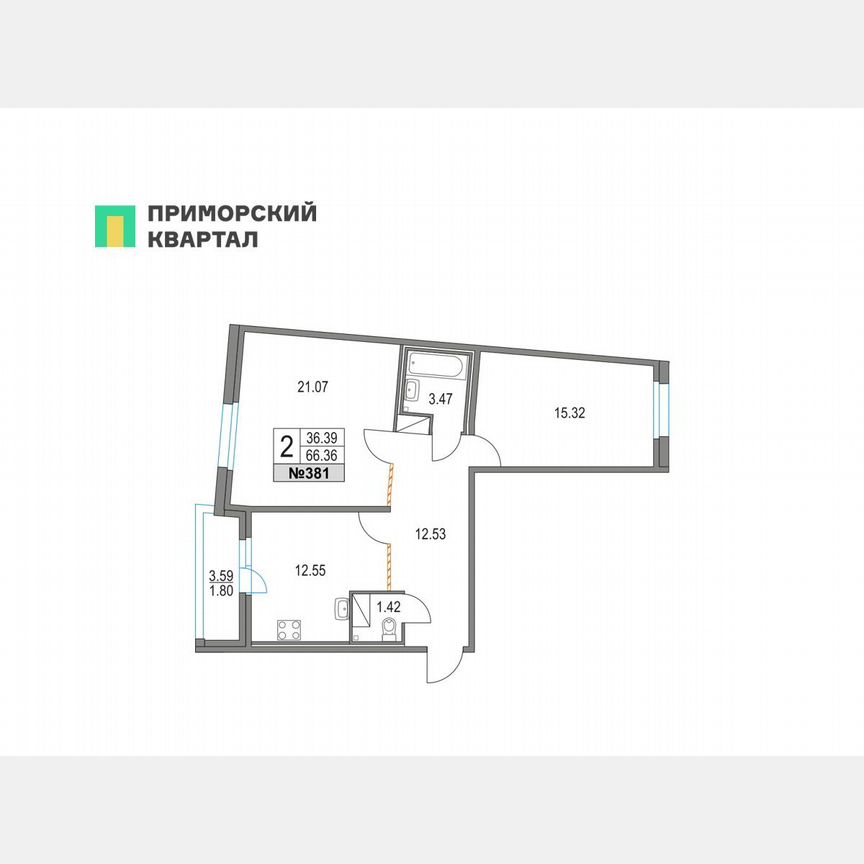 2-к. квартира, 66,4 м², 3/16 эт.