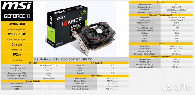Видеокарта gtx 1060 6gb msi купить в Санкт-Петербурге | Электроника | Авито