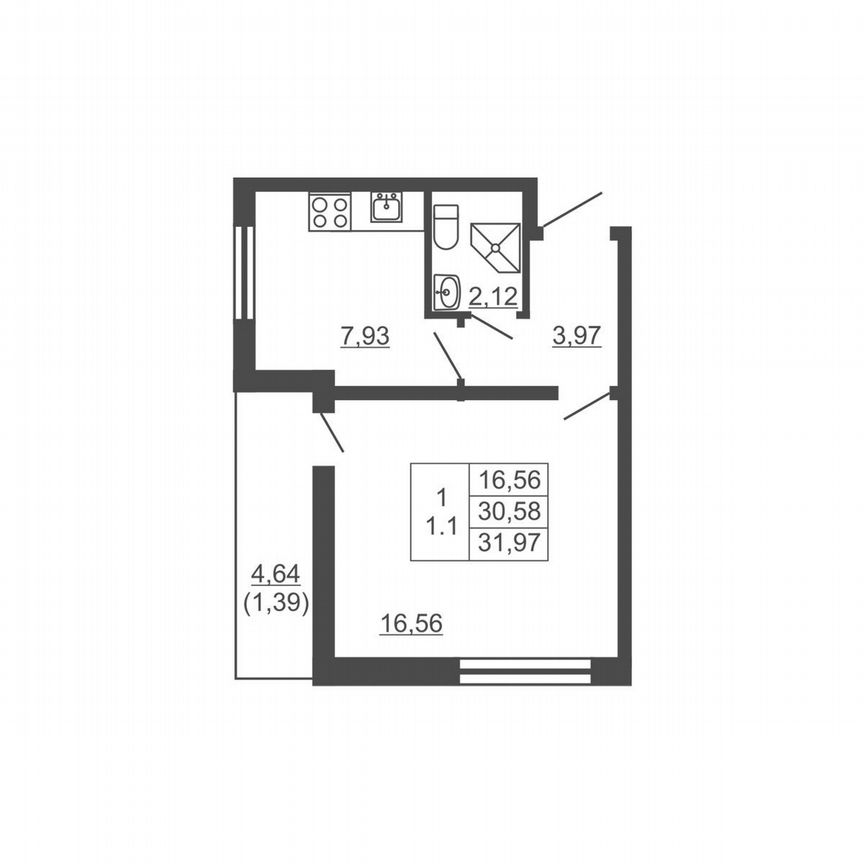 1-к. квартира, 32 м², 12/16 эт.