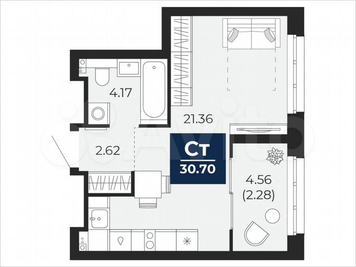 Квартира-студия, 30,7 м², 17/22 эт.