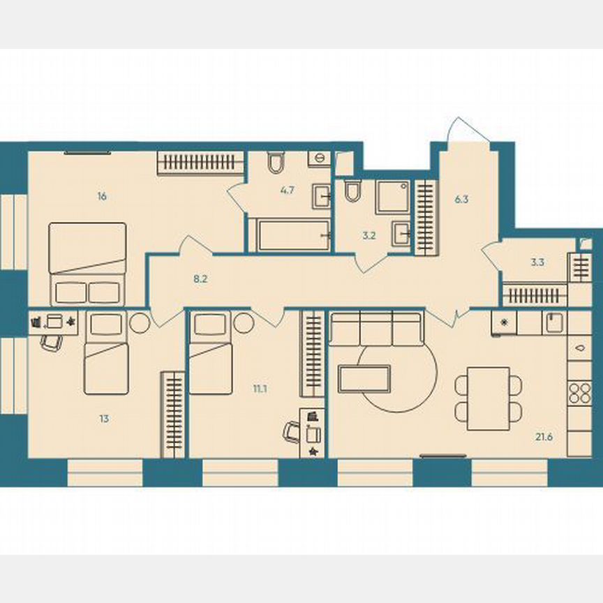 3-к. квартира, 87,4 м², 13/32 эт.