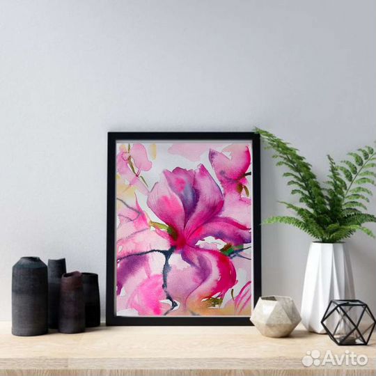 Картина с цветами Розовые магнолии акварелью 21х30