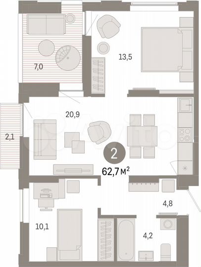 2-к. квартира, 62,7 м², 3/16 эт.