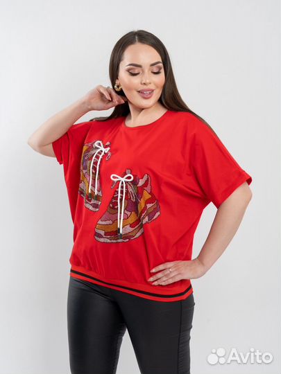 Футболка, принт, стразы, 6 расцветок, 52 до 64