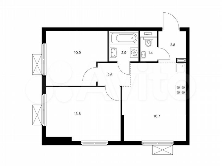 2-к. квартира, 51,1 м², 12/16 эт.
