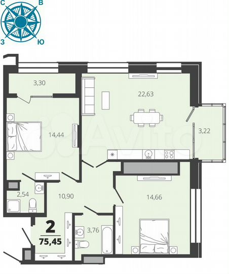2-к. квартира, 75,5 м², 17/19 эт.