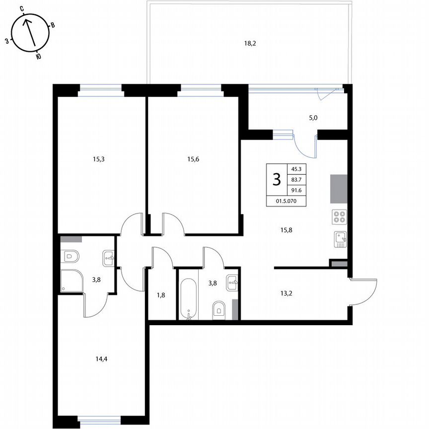 3-к. квартира, 91,6 м², 1/3 эт.