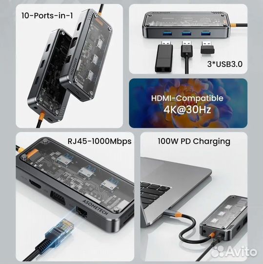 Usb type-c hub Asomech SW10V-PRO 10-in-1
