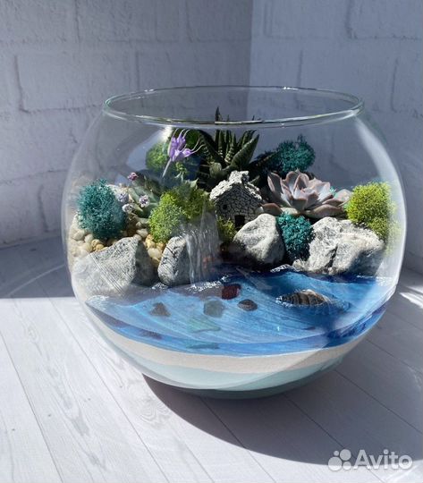 Флopaриум в вазе «шар» с домиком и водоёмом