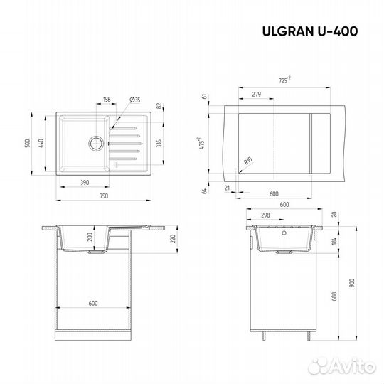 Мойка для кухни Ulgran U-400 49.5х75см