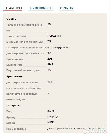 Передние тормозные диски вентилируемые NiBK RN1162