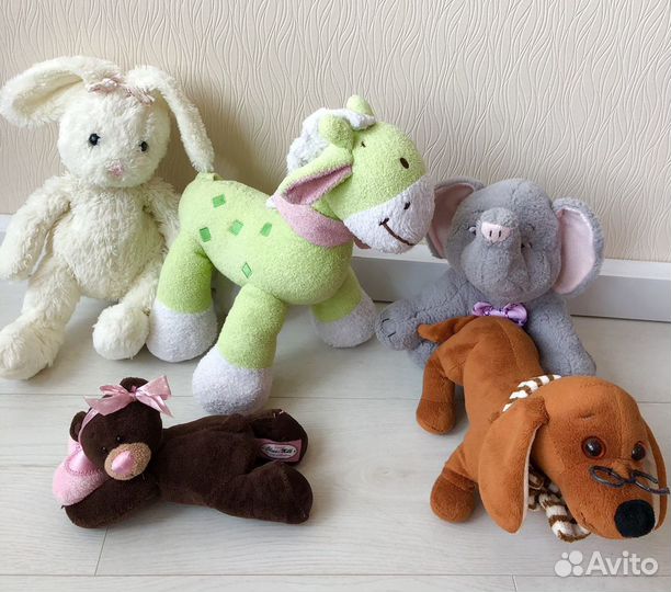 Мягкие игрушки зайка жираф слон такса медвежонок