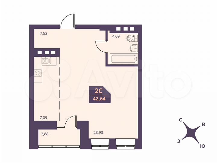 2-к. квартира, 42,6 м², 8/24 эт.