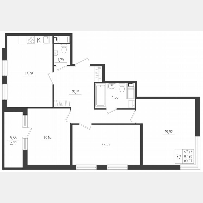 3-к. квартира, 90 м², 3/8 эт.