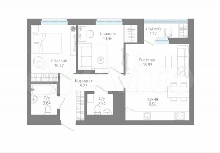 1-к. квартира, 60,2 м², 6/15 эт.