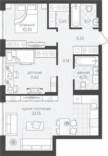 2-к. квартира, 63,6 м², 3/4 эт.