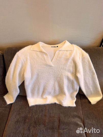 Пушистый свитер с вырезом поло удлиненный оверсайз