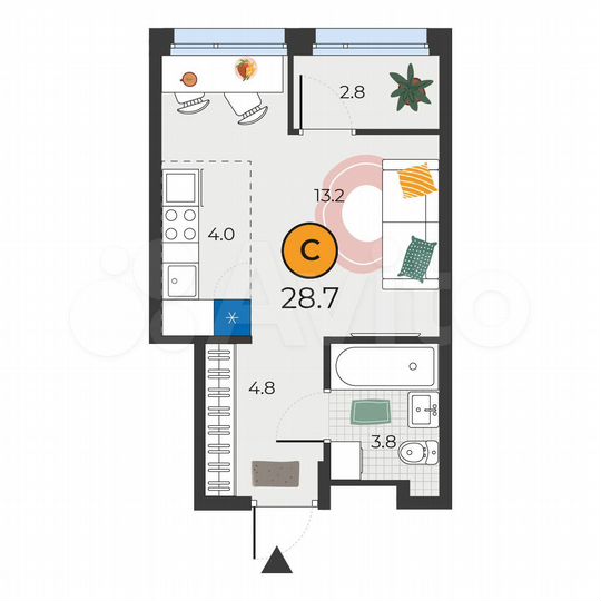 Квартира-студия, 28,7 м², 22/25 эт.