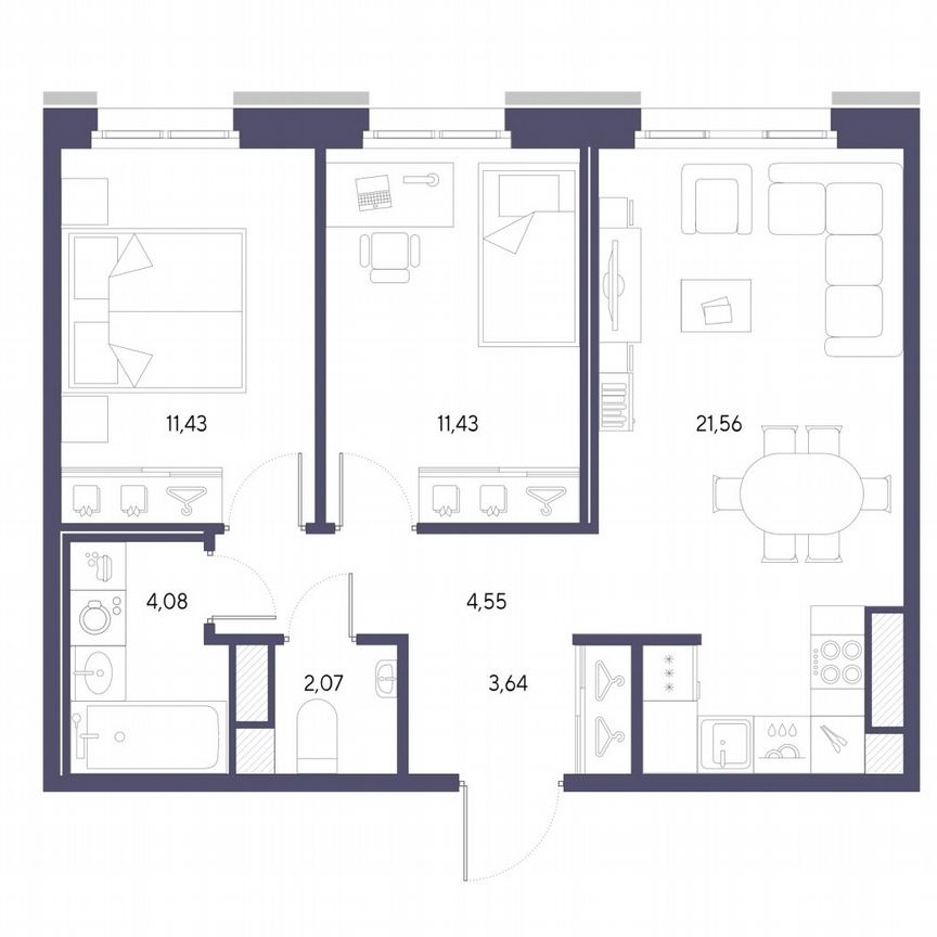 2-к. квартира, 58,8 м², 7/9 эт.