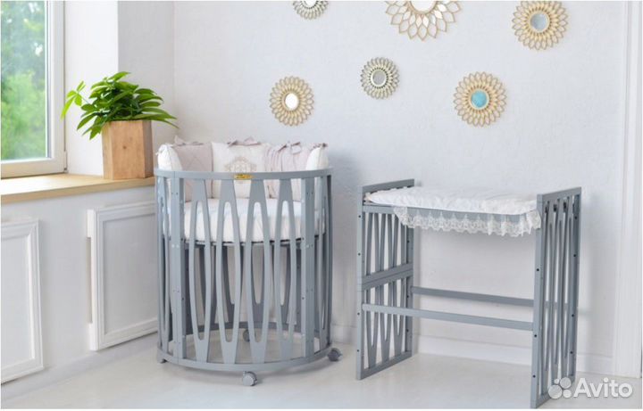 Детская кроватка с маятником 7 в 1 серая