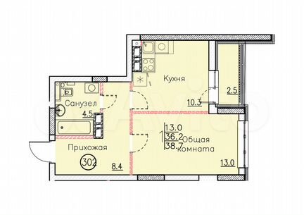 Своб. планировка, 38,7 м², 5/25 эт.