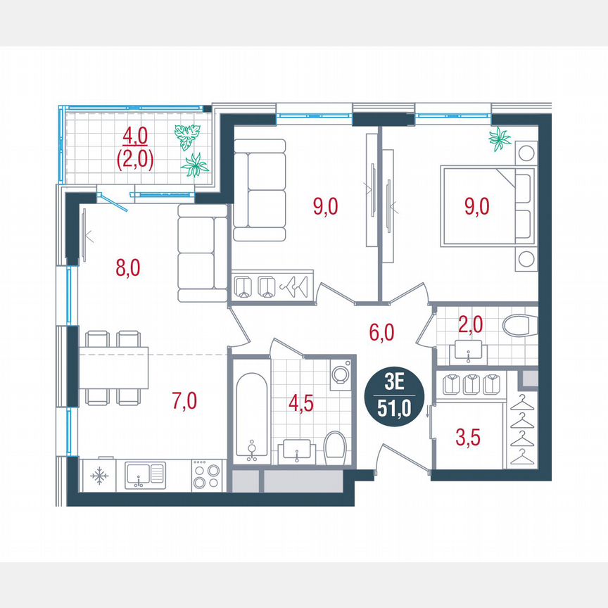 2-к. квартира, 51 м², 23/32 эт.