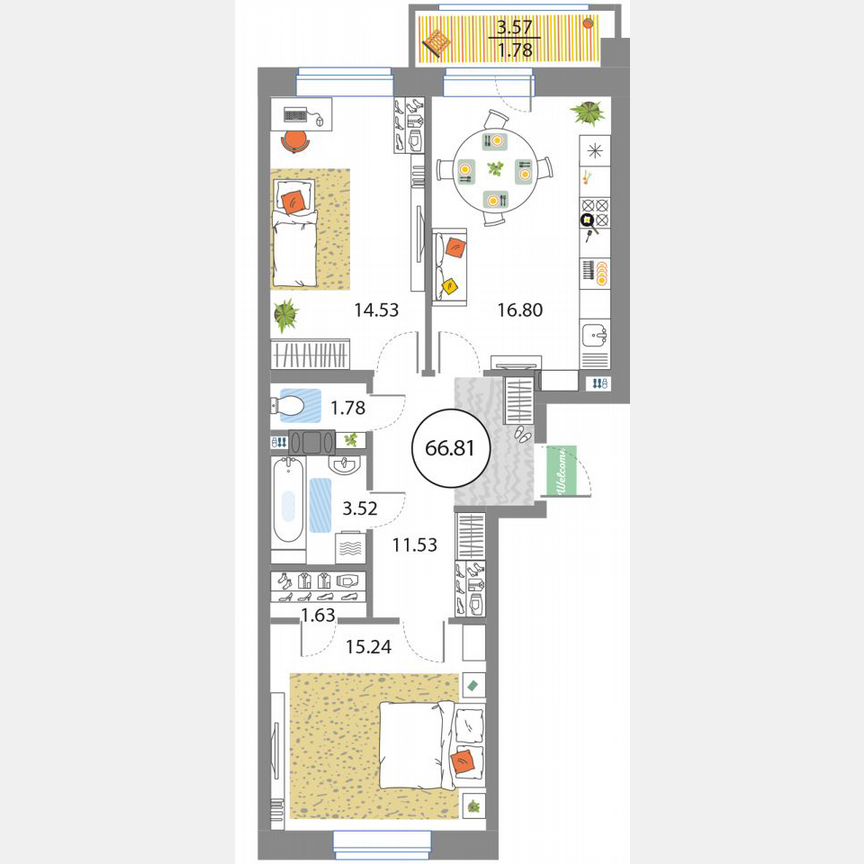 2-к. квартира, 66,8 м², 4/12 эт.