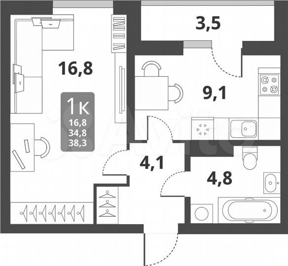 1-к. квартира, 38,3 м², 3/17 эт.