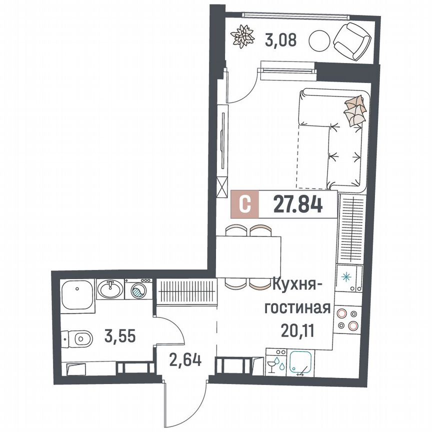 Квартира-студия, 27,8 м², 6/18 эт.