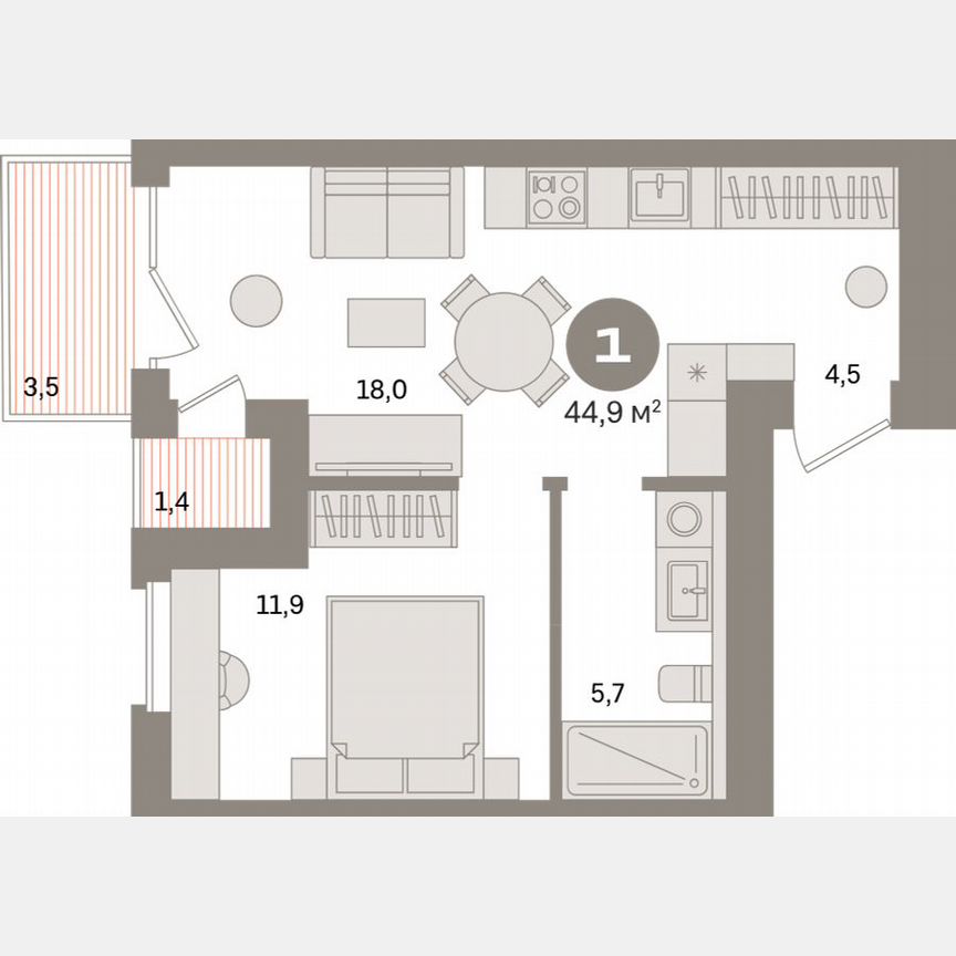 1-к. квартира, 44,6 м², 6/16 эт.