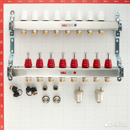 Коллекторная группа с расходомерами нержавеющая сталь Valtec 1 вр(г) х 8 выходов 3/4 нр(ш) ек х 1 вр