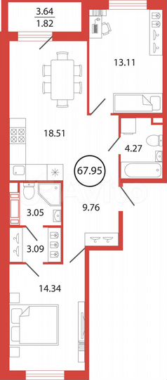 2-к. квартира, 68 м², 6/12 эт.