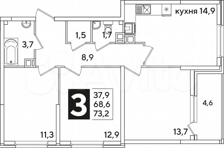 3-к. квартира, 73,2 м², 3/16 эт.