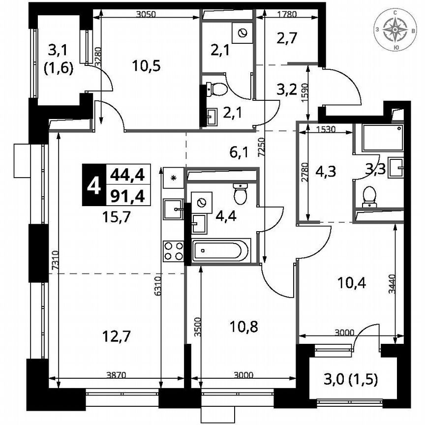 3-к. квартира, 91,4 м², 15/25 эт.