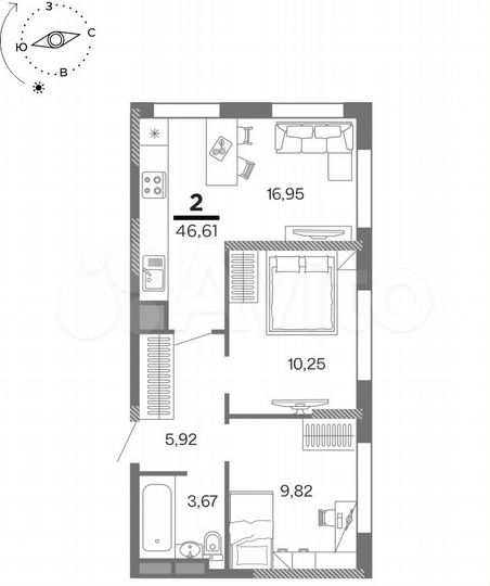 2-к. квартира, 46,6 м², 3/25 эт.