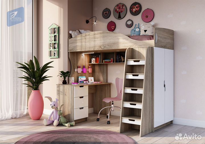 Сэнди Кровать-чердак Дуб Сонома светлый Белый глян