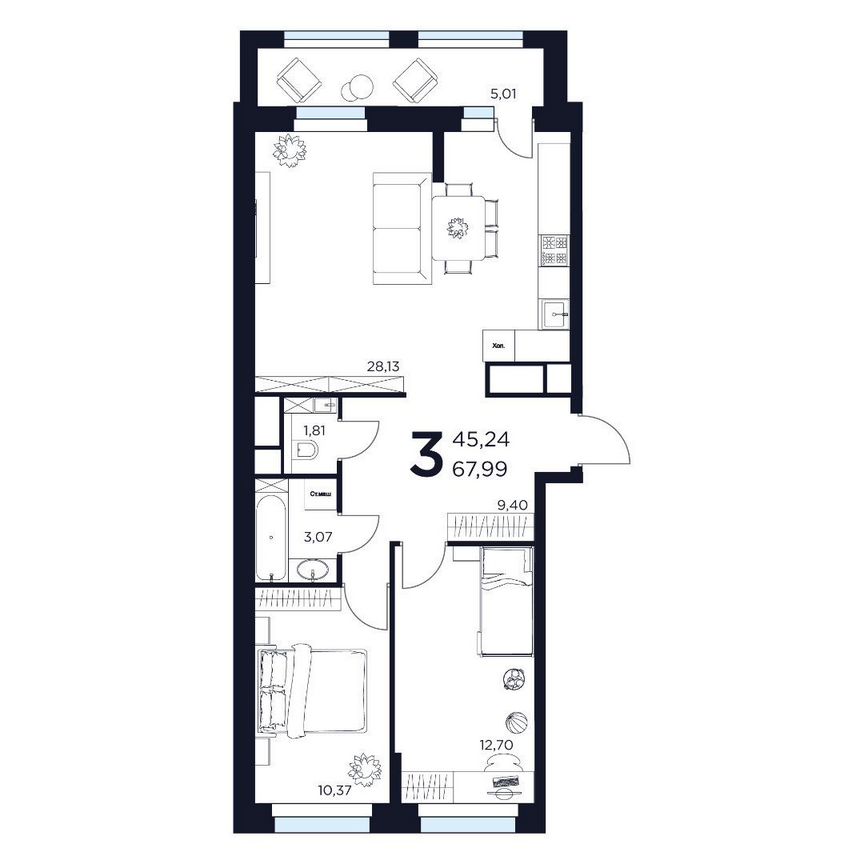 3-к. квартира, 68 м², 8/15 эт.