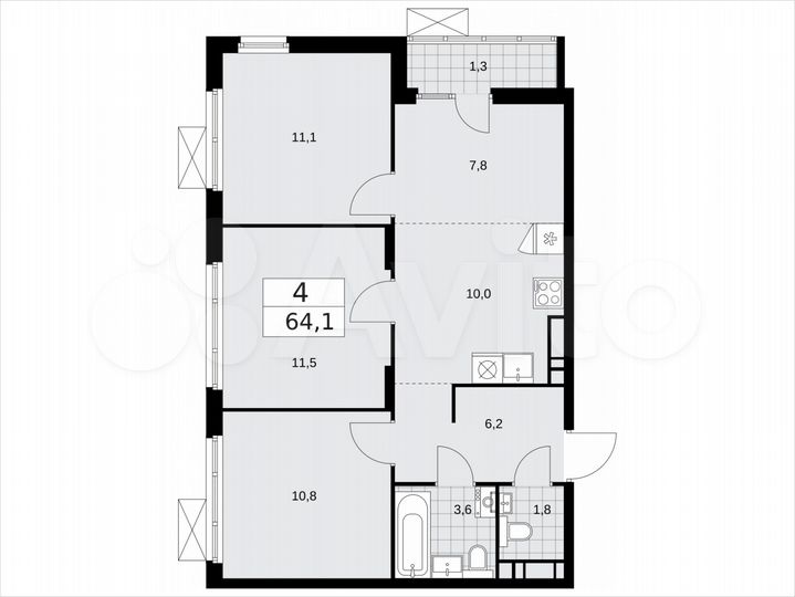 4-к. квартира, 64,1 м², 11/16 эт.