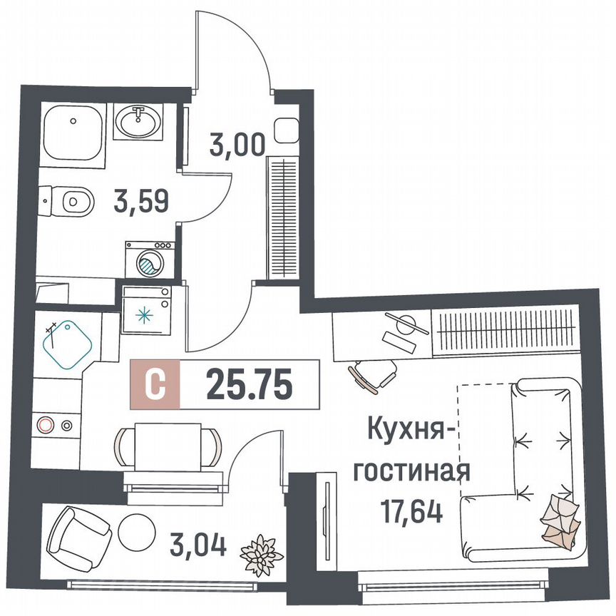 Квартира-студия, 25,8 м², 2/18 эт.