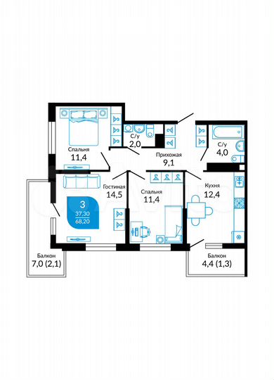 3-к. квартира, 71,4 м², 11/22 эт.