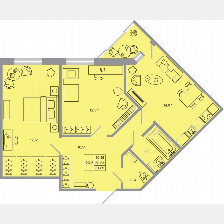 2-к. квартира, 61,9 м², 11/17 эт.
