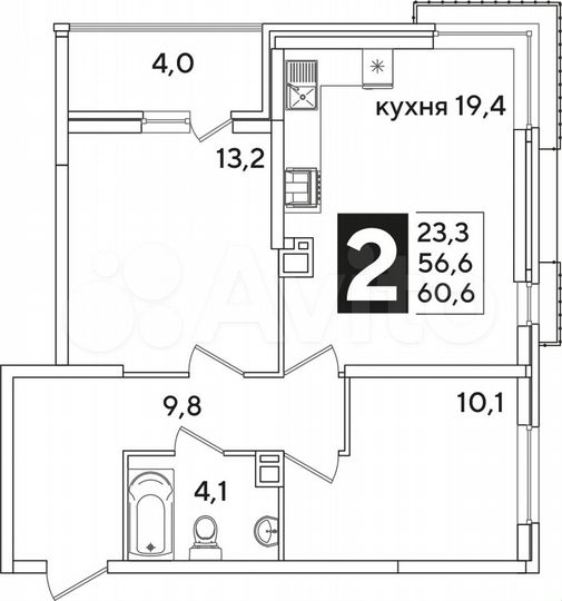 2-к. квартира, 60,6 м², 4/16 эт.