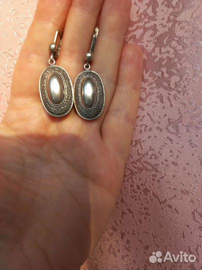 Серебро серьги СССР нефрит, проба звезда