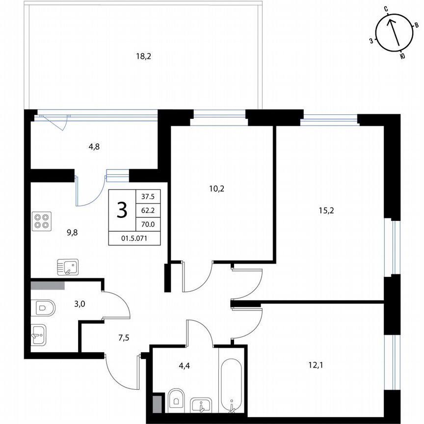 3-к. квартира, 70 м², 1/3 эт.