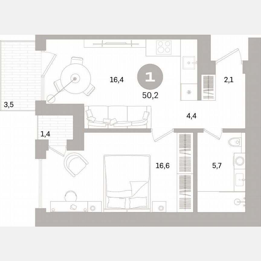 1-к. квартира, 49,7 м², 3/16 эт.