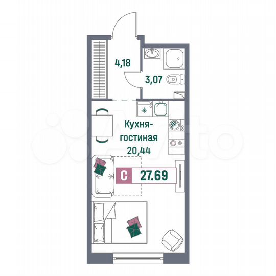 Квартира-студия, 27,7 м², 1/16 эт.