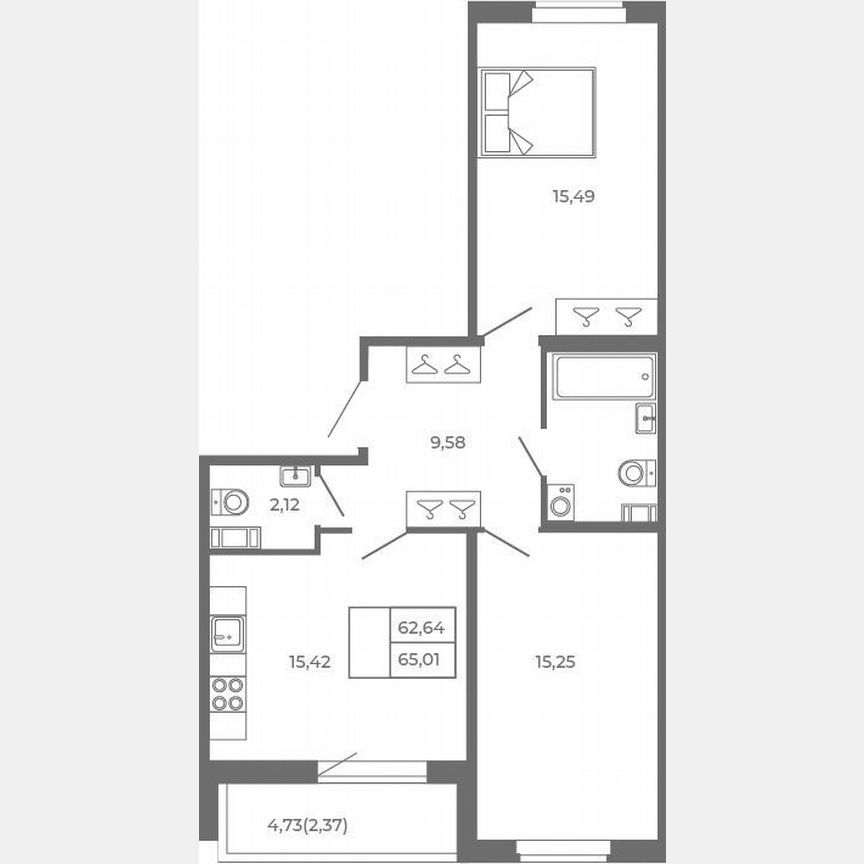 3-к. квартира, 62,6 м², 4/4 эт.