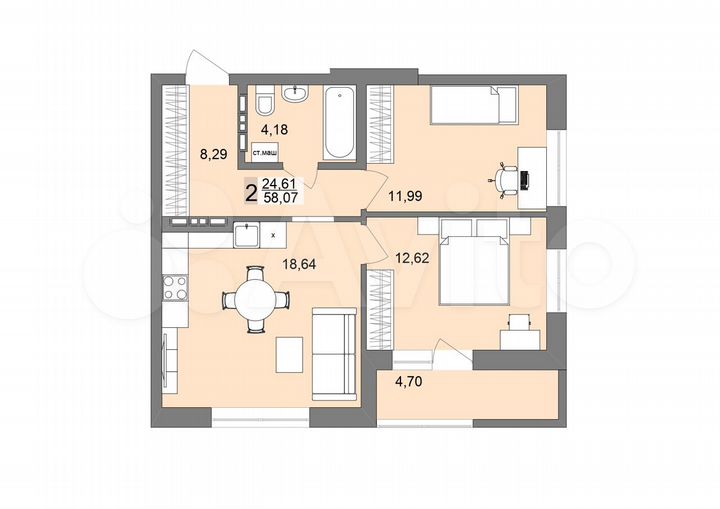 2-к. квартира, 57,8 м², 13/19 эт.