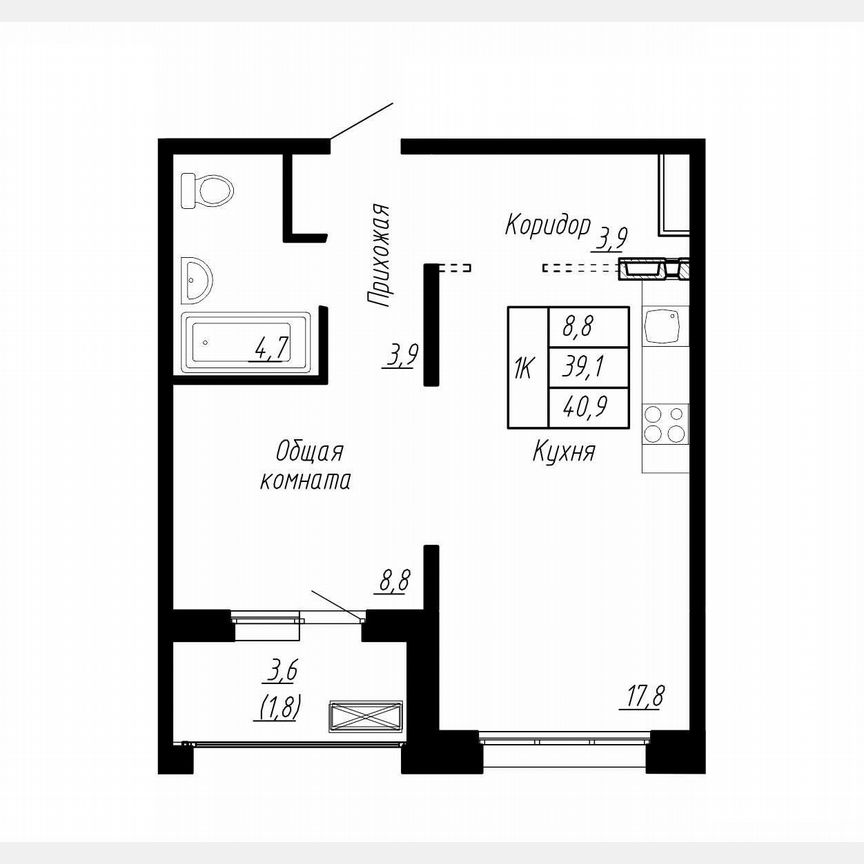 1-к. квартира, 40,9 м², 8/17 эт.