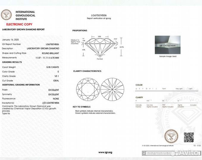 Бриллиант CVD round (5.05ct E/VS1)